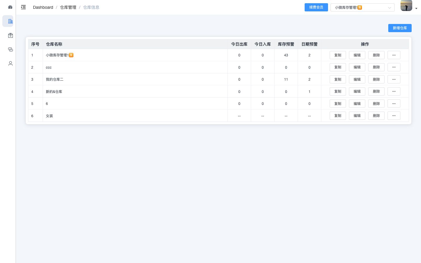 电脑端仓库信息页面截图